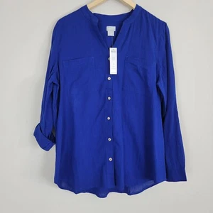 Chico's Gauz Roll Tab Sleeve Shirt Womens 2 (12/14) Blue Button Up Pockets - Picture 1 of 11