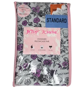 NEW Betsey Johnson Haunted Floral Skull Standard White Purple Pillowcases Pair - Picture 1 of 3