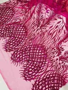 Fuchsia Beaded Fabric by the yard, Damask Pattern With Beads and Sequin - Picture 1 of 4