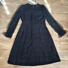 Goelia-Designer Black Wool-Blend Boucle Dress W/Tulle Long-Sleeves Size 6 NWT