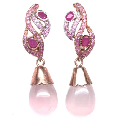 925 Sterlingsilber 14 x 19 Mm. Rosa Rose Quarz, Rubin & Saphir Ohrringe - Bild 1 von 4