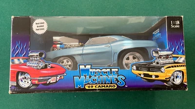 Muscle Machines 1969 Chevy Camaro Z28, 1:18 Scale Blue w/ White Stripes - Image 1 of 4
