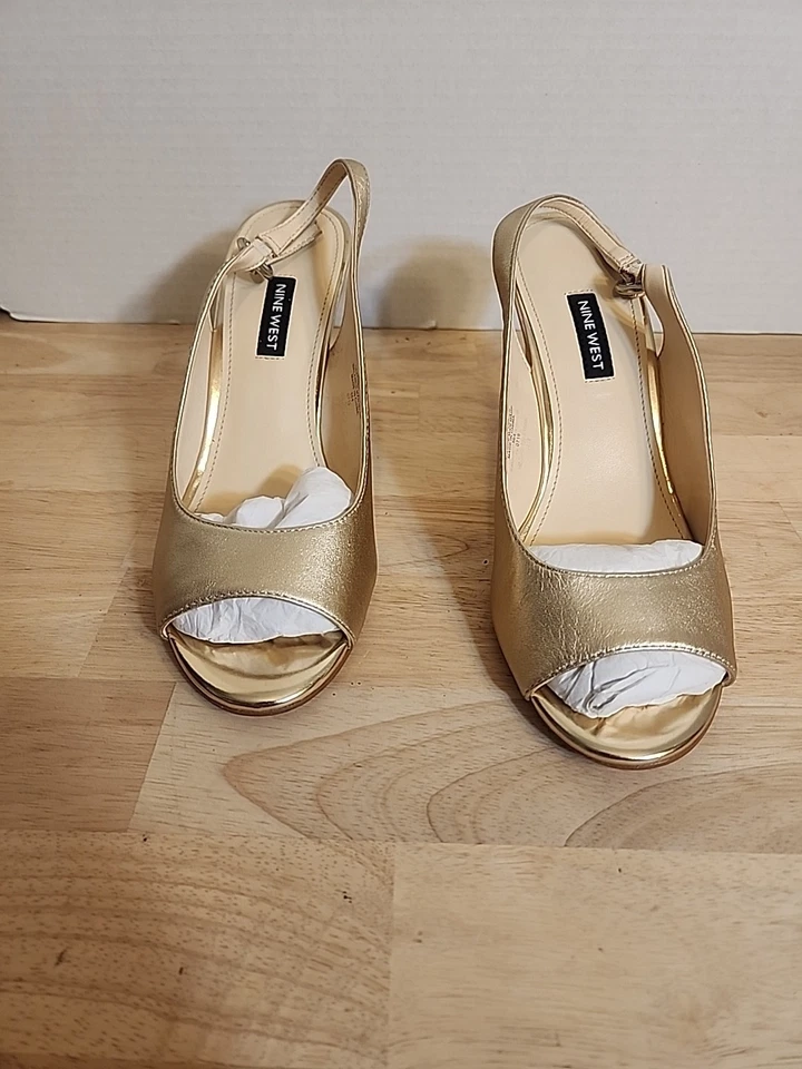 NINE WEST Mujer 8.5 Cuero Dorado Cuña Plataforma Peep Toe Correa Tobillo Zapatos Foto 1 de 4