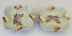 Two Rose White Green Gold Made in Occupied Japan Ashtrays READ - Picture 1 of 8
