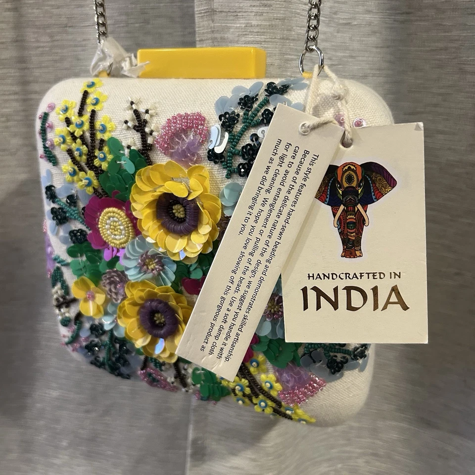 Bolso clutch hecho a mano en la India floral con cuentas caja cuadrada nuevo con etiquetas Foto 1 de 4