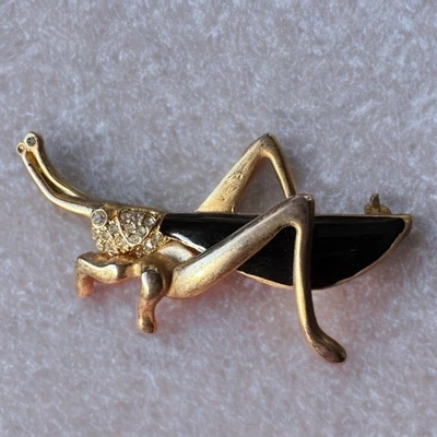 Broche saltamontes vintage tono dorado esmalte negro estrás insecto prendedor Foto 1 de 4