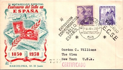 SPAIN 1950 POSTAL CACHET COVER EXPO COMM FIRST STAMP CENTENARY CANC BARCELONA - Image 1 of 2