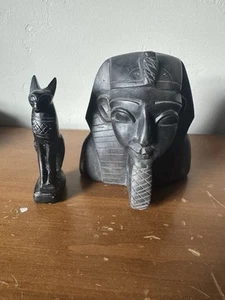Gatto in pietra ollare egizia vintage e sfinge intagliati a mano 6" e 5" - Foto 1 di 3