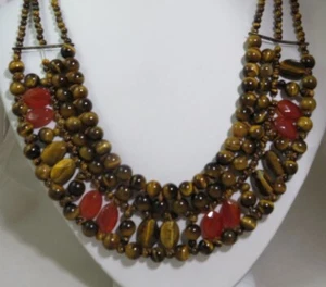 Tiger Eye and Carnelian Natural Gemstone Bib Style Necklace 19 Inches  - Picture 1 of 6