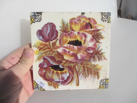 Victorian Ceramic Tile Floral Flowers Leaf Art Nouveau Leaf Old Antique Vintage Cover