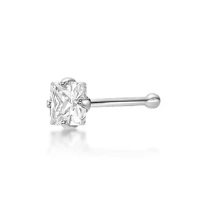 20 Gauge Princess Cut Cubic Zirconia Straight Bone Nose Ring in 14K White Gold - Picture 1 of 6
