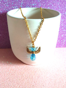 Pretty Aqua Blue Faceted Crystal Angel Pendant Gold Plated Necklace