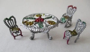 Antique Soft Metal TABLE & CHAIRS Color Dollhouse Miniature Rocking Vintage Toy - Picture 1 of 4