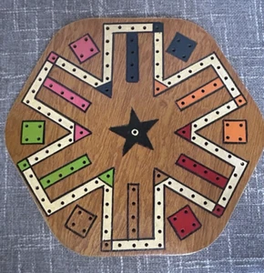 Vintage Solid Wood Handmade Parcheesi Game Board Painted 15" Diameter OOAK - Picture 1 of 8