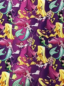1 Yard Disney Princess Ariel Belle Mulan Rapunzel Cotton Fabric BTY - Picture 1 of 4