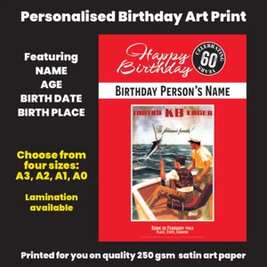 Birthday Tooths KB Lager Personalised Art Print - Game Fishing - 4 sizes Poster - Imagen 1 de 7