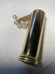 Gold Tone Brush in Tube Holder w/ dangle chain 6 Faux Pearls Vtg lipstick tube - Picture 1 of 11