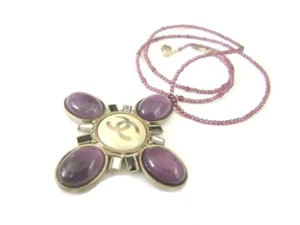 Chanel vintage CC logos purple stone w/ Baguette crystal pendant necklace - Picture 1 of 10