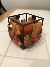 Square Metal Votive Candle Holder w/ Fall Autumn Thanksgiving theme incl Candle
