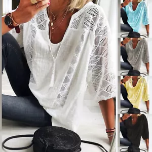 Women's Long Sleeve Cotton Linen Tops Ladies Casual Loose Blouse Tee T Shirt US - Picture 1 of 15
