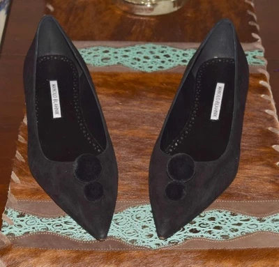 AUTHENTIC MANOLO BLAHNIK BLACK SUEDE POM POM PUMPS  Size 41.5 USA 10.5 - Image 1 of 4