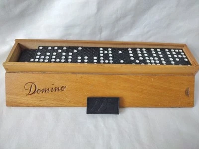VINTAGE WOODEN DOMINOES in Box. Double Nine. 55 Dominoes Horse Head Pattern  - Image 1 of 4