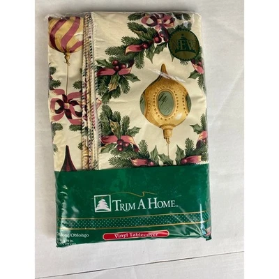 Vintage Vinyl Christmas Holiday Tablecloth Oblong 52" * 70" Ornament Party Decor - Image 1 of 2