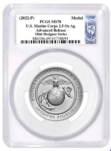 2022 P US Marine Corps 2.5 oz Silver Medal PCGS MS70 Advanced Release Damstra - Picture 1 of 2