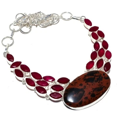 Collana gioielli in argento sterling 925 con pietre preziose in giada rossa e... - Immagine 1 di 4