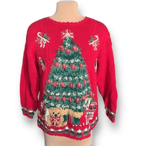Suéter Vintage Tiara Internacional Navidad XL Árbol Rojo Oso de Peluche Vacaciones  - Imagen 1 de 13