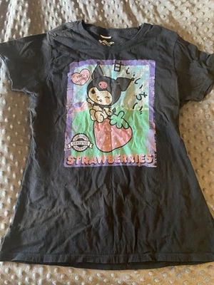 Hello Kitty and Friends Kuromi Graphic T-Shirt Girls Medium Black Strawberries - Image 1 of 3