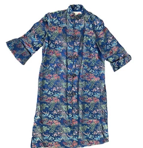 Cappotto spolverino cinese vintage accappatoio broccato asiatico blu donna tasche nodo bottoni rana - Foto 1 di 10