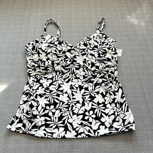 Lands End Tankini Top Womens 18D Black White Floral V Neck Swimsuit Beach New - Picture 1 of 9