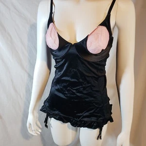 Victoria's Secret Slip Giarrettiera Grandi Satinati Merrywidow Nero Rosa Coppe Cuore Trasparente - Foto 1 di 4