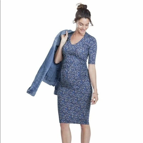 Isabella Oliver Maternity Dress - Blue Floral - Ruched Short Sleeve Sz 2/6/small - Image 1 of 4