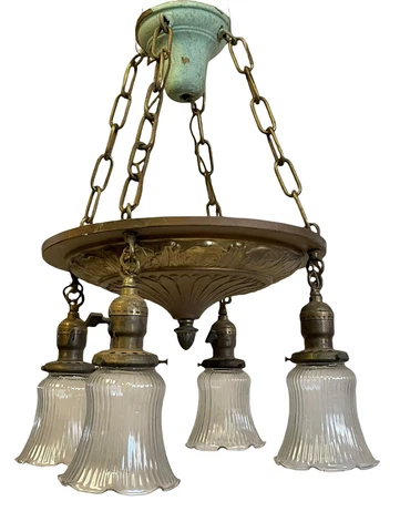 Antique Victorian 4 Light Brass Chandelier Individual Switches + Canopy & Shades Cover