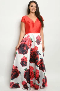 Women's Plus Size Surplice Short Sleeve Red Floral Print Cocktail Maxi Dress - Picture 1 of 2