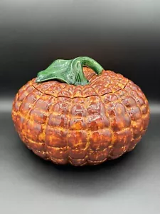 Huge 14” Majolica Pottery Ceramic Pumpkin Centerpiece Candy Container Tureen - Picture 1 of 17