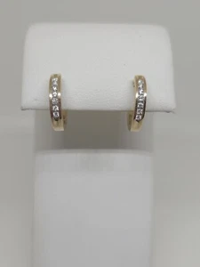 14k Yellow Gold Natural Diamond Channel Set Huggie Earrings .14 carats 15mm - Picture 1 of 16