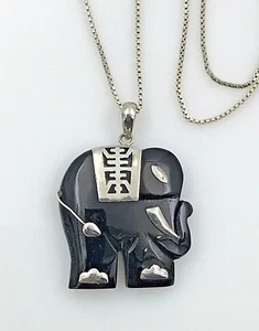 VINTAGE .925 Sterling Silver & Onyx, Decorative Elephant Pendant Necklace, 18" - Picture 1 of 10