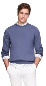 TOMMY HILFIGER Mens Solid Crewneck Pullover Sweater, BankBlue, S - Picture 1 of 5