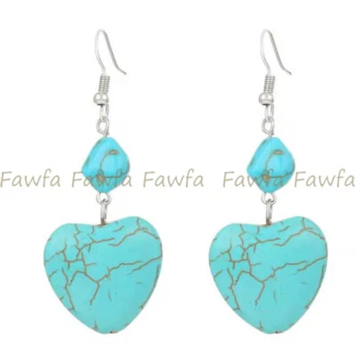 Natural 16mm Heart Blue Turquoise Gemstone Beads Dangle Silver Hook Earrings - Image 1 of 4