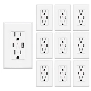 USB Type C Wall Outlet Duplex Receptacle 15A, Smart 4.8A Quick Charging, 10pack - Picture 1 of 7