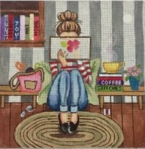 Needlepoint Handpainted Gayla Elliot Girl Stitching Alice Peterson 10x10 - Picture 1 of 4