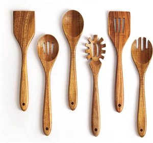 Wooden Spoons for Cooking - 6 Piece Non Stick Wooden Spoon Set - Natural Wood - Picture 1 of 11
