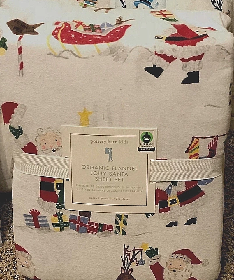 Pottery Barn Kids Organic Jolly Santa north pole Sheet set FULL Flannel  - Image 1 of 1