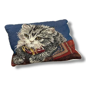 "Tapiz de punta de aguja de colección almohada para gatos 15x10"" gris gatito azul crema *defectos" - Imagen 1 de 10