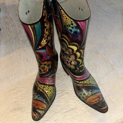 Women’s Rain boots  Western Style Artsy Cowgirl Rubber Farm Work Boho Size 10 - Image 1 of 4