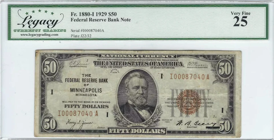 $50 1929 Small Federal Reserve Bank Note Minneapolis 1880-I Legacy 25 - Image 1 of 2