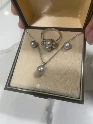 Vtg 925 Sterling Silver Jewelry 3 Piece Set Necklace Earrings Ring Faux Pearl? - Image 1 of 4